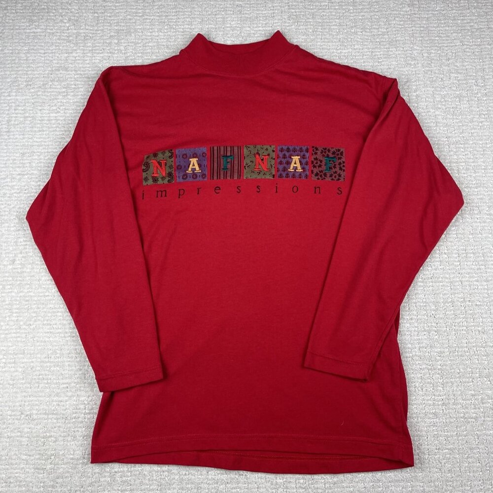 NAF NAF Vintage Long Sleeve Red T-Shirt Front Embroidery Applique 1980's Read